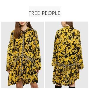 Free People Black and Yellow Floral Long Sleeve Dress